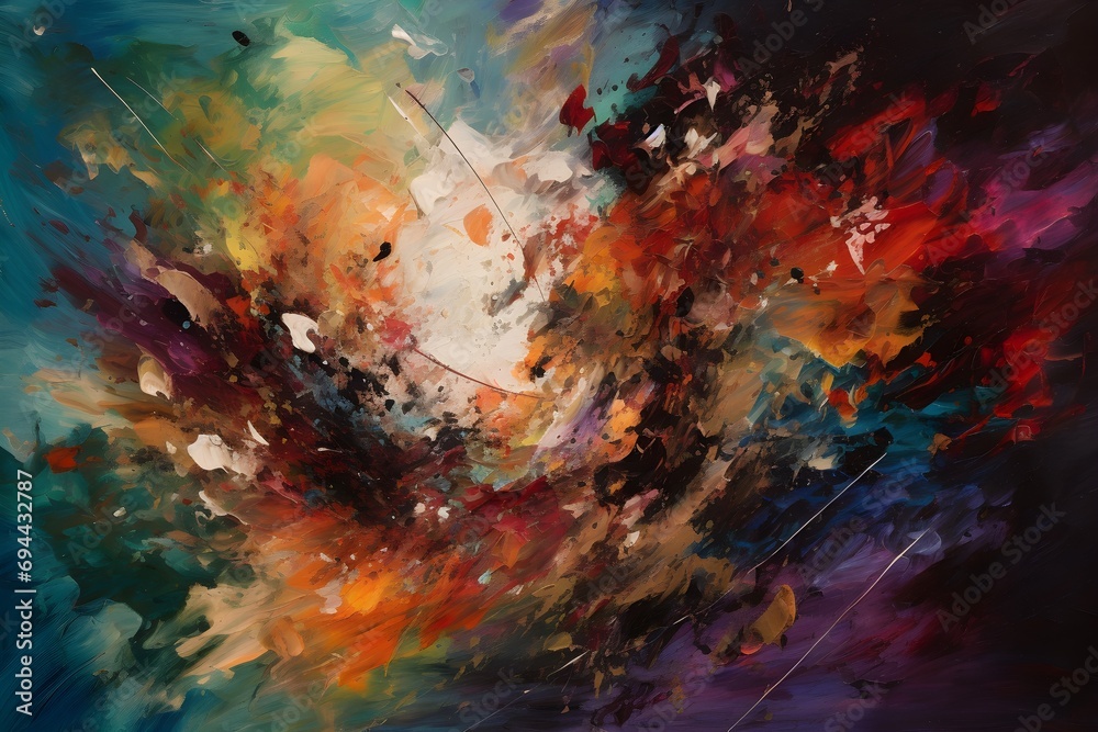 The focal point of the composition is an abstract painting positioned in the center, incorporating the essence of action painting with its vibrant and instinctive brushstrokes. The focal point of the composition is an abstract painting positioned in the center, incorporating the essence of action painting with its vibrant and instinctive brushstrokes.