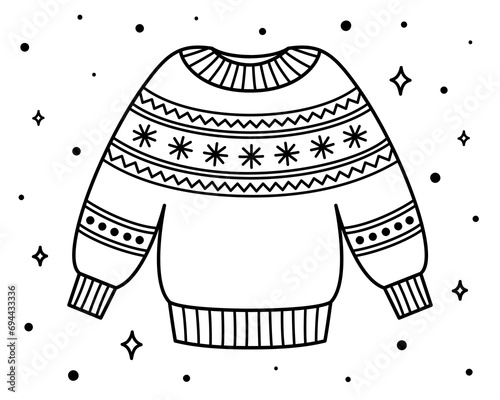 Outline Sweater with cute simple ornate. Winter wear. Isolated Christmas details for greeting card, labels, flyers. Vector illustration.