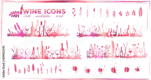 Invitation wine icons - Collection of wine glasses, bottles and plants.  Elements for invitation cards, advertising banners and menus.