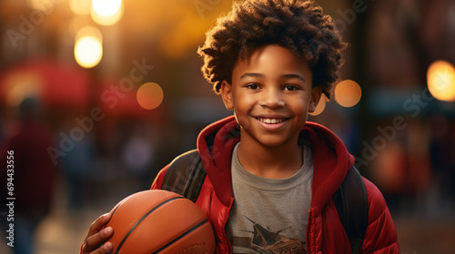 Cute young teenager in t shirt with a ball plays basketball. Sports, hobby, active lifestyle for boys