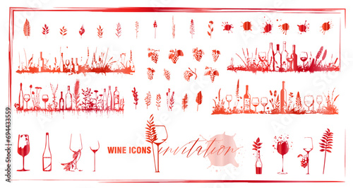 Invitation wine icons - Collection of wine glasses, bottles and plants.  Elements for invitation cards, advertising banners and menus.