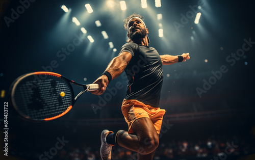 Portrait of a handsome male tennis player celebrating his success on a court background. Human emotions, winner, sport, victory concept