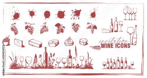 Invitation wine icons - Collection of wine glasses, bottles and plants.  Elements for invitation cards, advertising banners and menus.