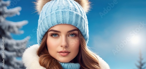  a close up of a woman wearing a blue hat with a fur pom pom on top of it.