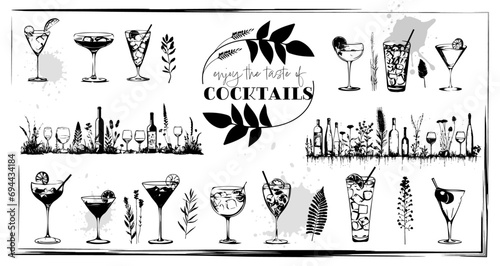 Set of cocktail glasses and plants - Cocktail bar menu. Vector elements for restaurant and cafe. Modern design template with different cocktails.