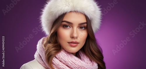  a woman wearing a white fur hat and scarf with a pink scarf around her neck and a white fur pom pom on top of her head.