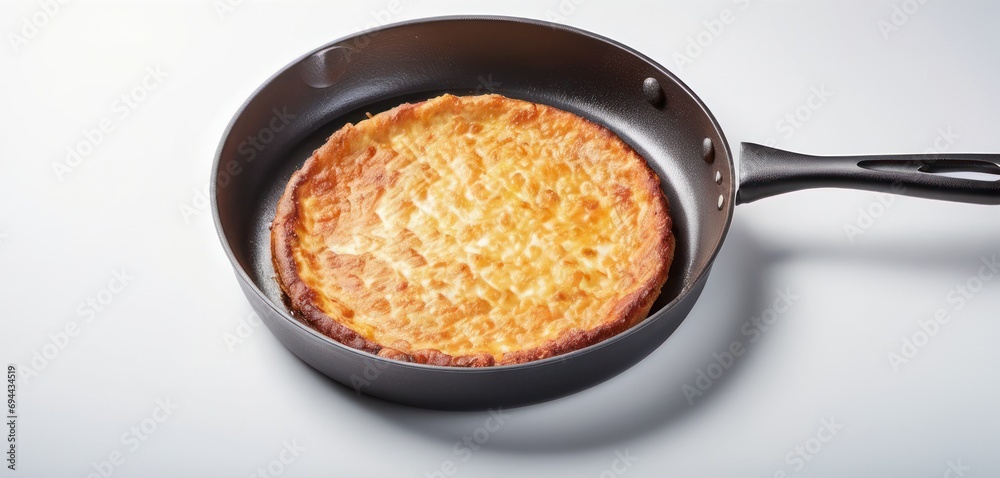  a close up of a frying pan with food inside of it on a white table with a white background.