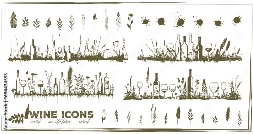 Invitation wine icons - Collection of wine glasses, bottles and plants.  Elements for invitation cards, advertising banners and menus. - obrazy, fototapety, plakaty 