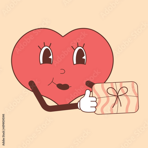 love heart with a gift in groovy style, vintage