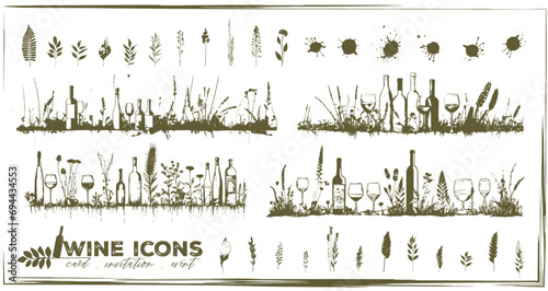 Invitation wine icons - Collection of wine glasses  bottles and plants.  Elements for invitation cards  advertising banners and menus.