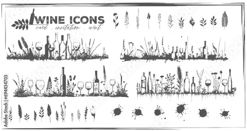 Invitation wine icons - Collection of wine glasses, bottles and plants.  Elements for invitation cards, advertising banners and menus.
