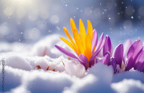 Flower in snow with lightning effects. AI
 photo