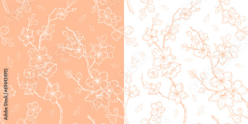 Peach fuzz 2024 year color pattern. Peach fuzz seamless background with abstract peach tree blossom. Seamless 2024 colour spring fashion, interior design palette. Trendy pastel cloth, fabric, textile