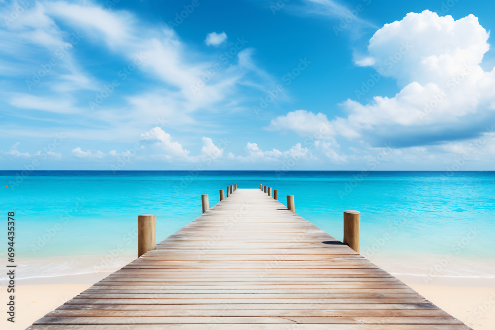 Wooden dock pier on beach in sun for tourism, ai generative - obrazy, fototapety, plakaty 