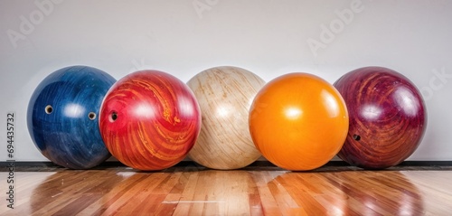  a row of bowling balls sitting on top of a hard wood floor next to each other on top of a hard wood floor.