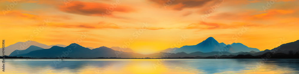 Summer lake view in evening with mountains illustration, ai generative