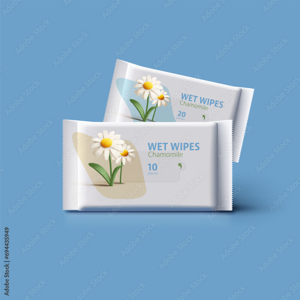 3d vector mock up for wet wipes pouch or pack chamomile scent, 3d render flower illustration - obrazy, fototapety, plakaty 
