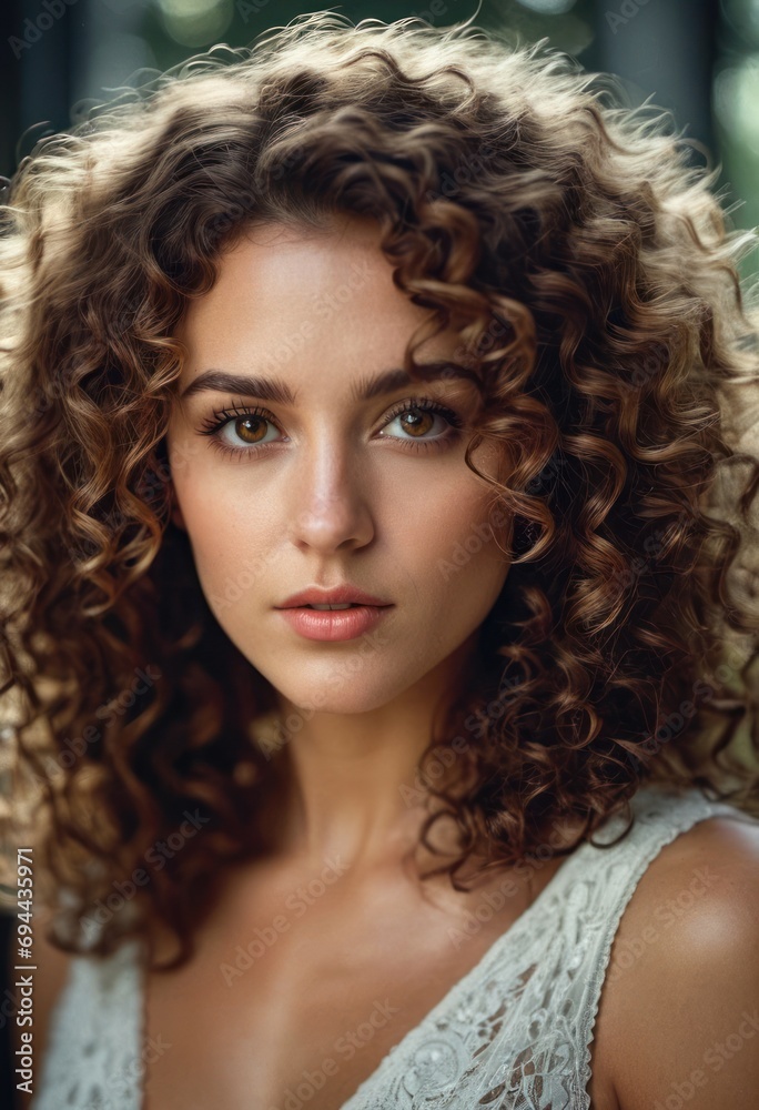 a close up of a person wearing a dress and a curly hairstyle with a serious look on her face. a close up of a person wearing a dress and a curly hairstyle with a serious look on her face.