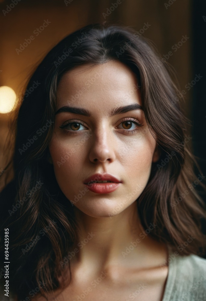 a close up of a woman with long brown hair and blue eyes wearing a green sweater and looking at the camera with a serious look on her face. a close up of a woman with long brown hair and blue eyes wearing a green sweater and looking at the camera with a serious look on her face.