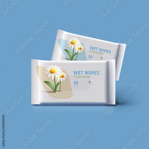 3d vector mock up for wet wipes pouch or pack chamomile scent, 3d render flower illustration