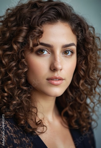  a close up of a woman with curly hair and a blue eyeshade looking at the camera with a serious look on her face.