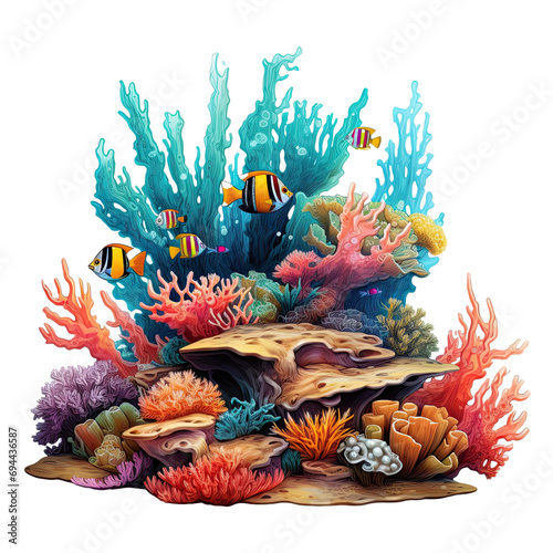 Tropical coral reef with sea fish  beautiful underwater world idea concept  isolated on white transparent background