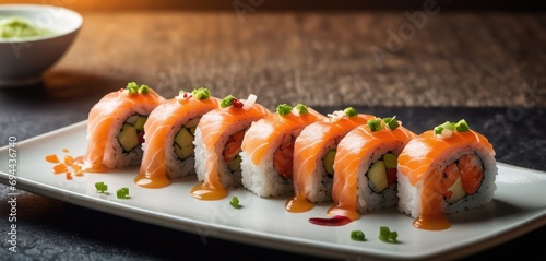  a white plate topped with sushi next to a small bowl of sauce and a small bowl of guacamole.