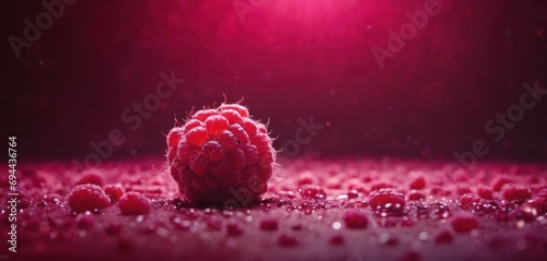  a bunch of raspberries on the ground with water droplets on the ground and a bright light in the background. photo