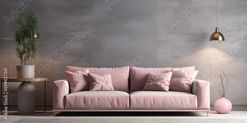 Actual image of a chic living room with grey couch, pink cushions, cabinets, and lights. photo