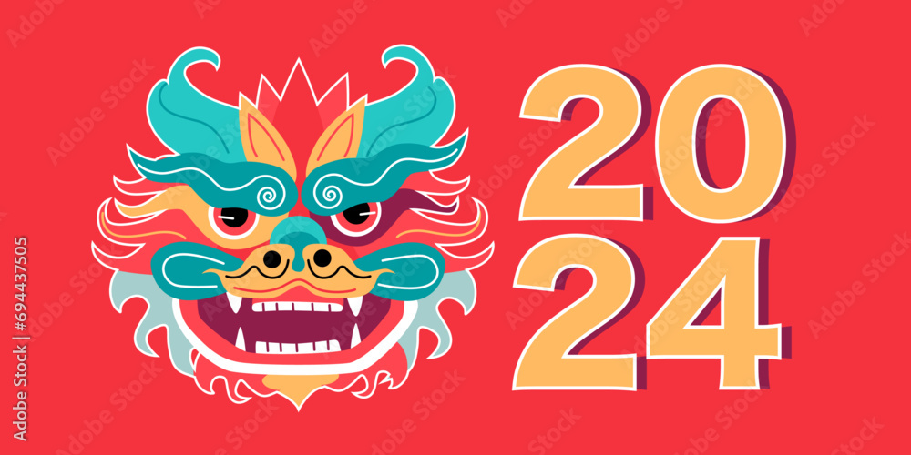 Dragon Lunar New Year 2024 illustration set on dark red background. Chinese zodiac Dragon. Symbol of Good Fortune. Vibrant Celebrations New Year Clip Art.
