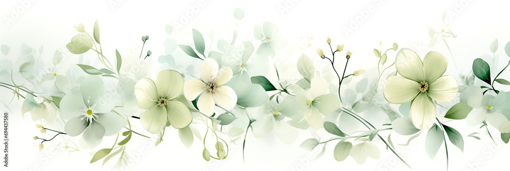 Fototapeta premium Watercolor Painting. Dreamy Floral Background, Light Green and White Banner with Wildflowers. Artistic Illustration. 