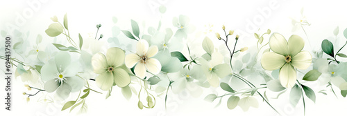 Watercolor Painting. Dreamy Floral Background  Light Green and White Banner with Wildflowers. Artistic Illustration. 