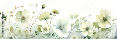 Watercolor Painting. Dreamy Floral Background, Light Green and White Banner with Wildflowers. Artistic Illustration.  © PETR BABKIN