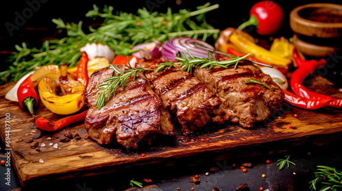 Grilled Meat with Vegetables. Close-up of a Plate of Steak on the Table. 