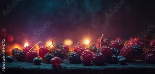  a table topped with lots of blackberries and raspberries on top of a table next to a lit candle. photo