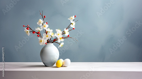 Minimalistic Easter still life with a vase of flowers and eggs. springtime.