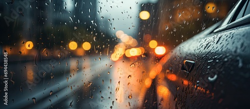 Rain causes blurred view as cars drive fast.