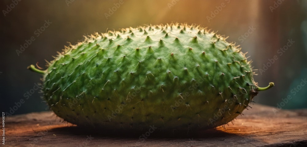 a close up of a green fruit on a wooden table with sunlight coming through the window and a blurry background. a close up of a green fruit on a wooden table with sunlight coming through the window and a blurry background.