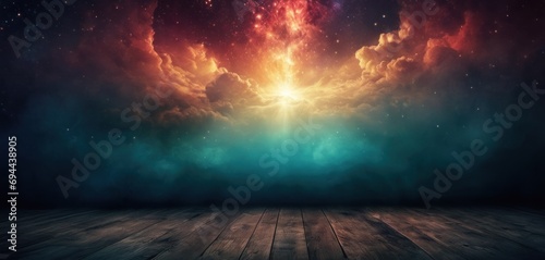  a room with a wooden floor and a sky filled with stars and a beam of light in the center of the room.