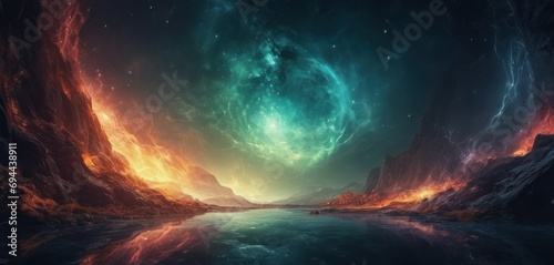  a painting of a body of water surrounded by mountains and a sky filled with stars and a green and red swirl.
