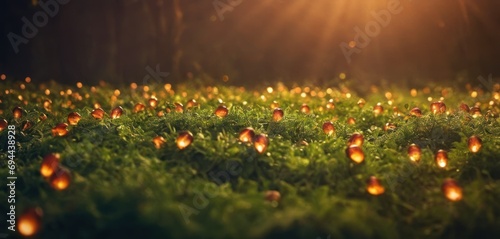  a field filled with lots of small lit candles on top of a lush green grass covered field with trees in the background.