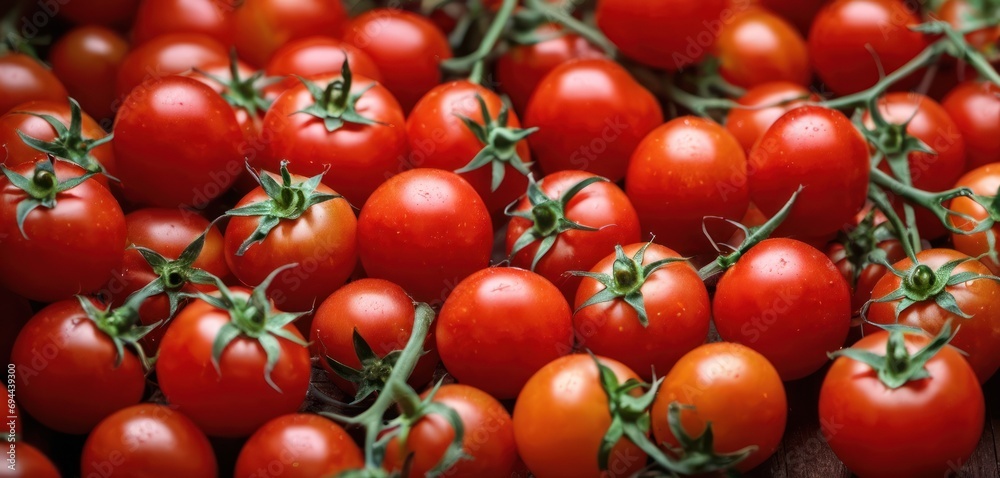  a pile of red tomatoes sitting on top of a wooden table next to a pile of green leafy stems.