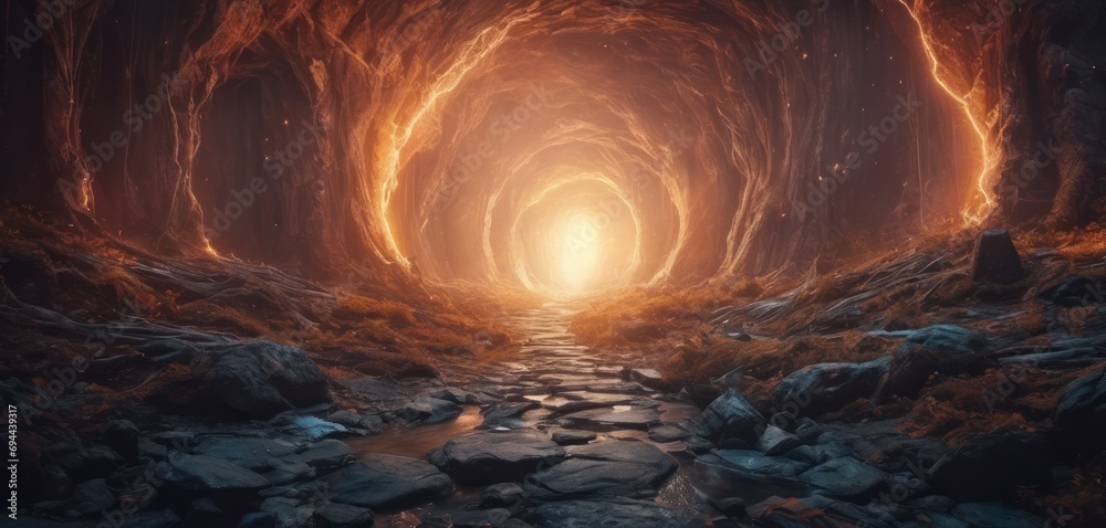 a dark tunnel with a bright light at the end of the tunnel is ...