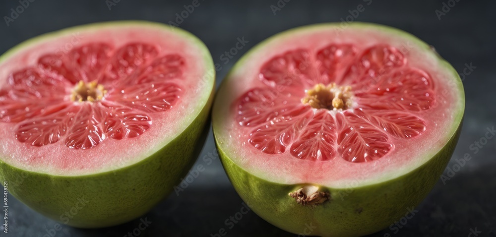 a cut in half grapefruit sitting on top of a black table next to a cut in half grapefruit. a cut in half grapefruit sitting on top of a black table next to a cut in half grapefruit.