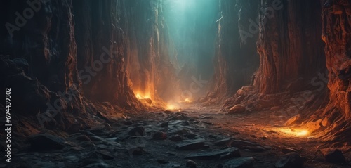  a dark cave filled with lots of rocks and a light at the end of one of the cave's walls.