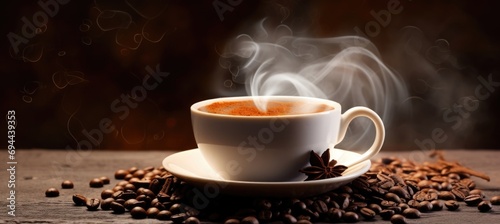 International Coffee Day banner with cup of coffee, smoke, beans, and cinnamon, copy space