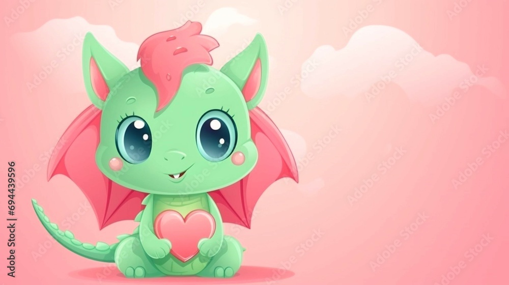 green baby dragon with pink heart on pink background. cute colorful cartoon characters design. greetings card. new year 2024. Valentines day illustration. banner with copy space. cute illustration