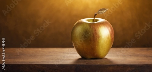  an apple sitting on a table with a leaf sticking out of the top of it  with a brown background.