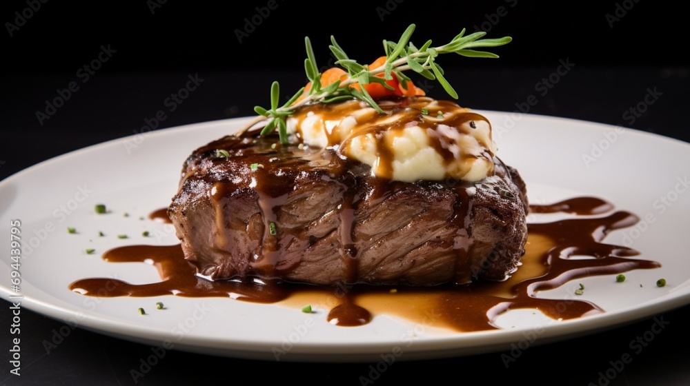 a perfectly grilled steak drizzled with savory brown gravy, the immaculate white background serving as a pristine stage for this culinary masterpiece.
