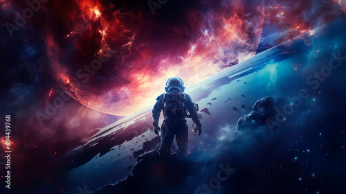 An astronaut in space suit and helmet on an alien wild planet. Scientific expedition mission flight to new planet and star. Space tourism of the future. Discovering new spaces in the universe.